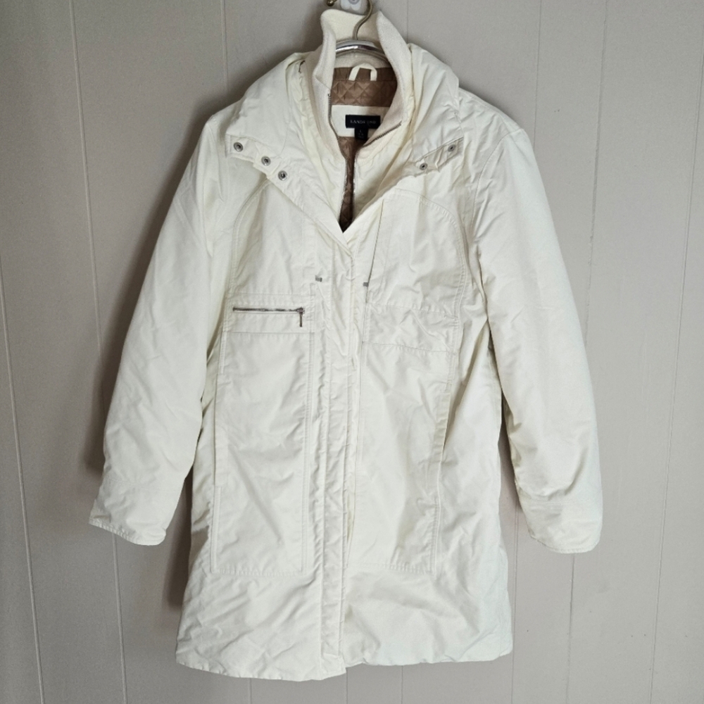 Lands' End long winter coat hood hooded warm heavy cream L 14/16